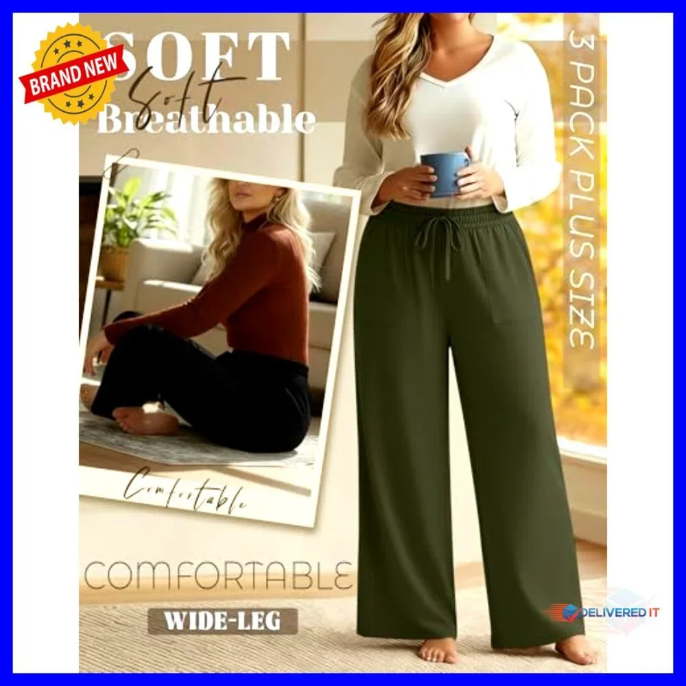 Plus Size Wide Leg Pants 3-Pack Stretchy Drawstring Waist with Pockets - Picture 4 of 7